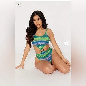 Fashion Nova Green & Blue Striped Ring Cutout One-Piece Swimsuit